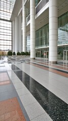 Modern office atrium, light-filled interior, reflecting polished floors. Possible use Stock photo