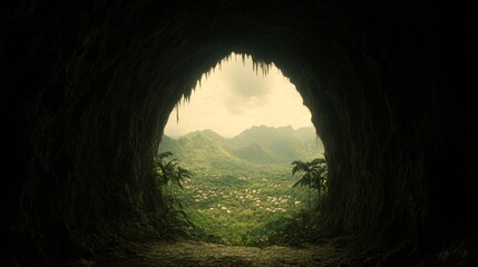 Obraz premium Cave Entrance View into Lush Valley with Small Village in Tropical Environment Landscape.