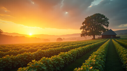 Fototapeta premium A tranquil landscape features vibrant green fields under a golden sunset, with a solitary tree and rustic barn on a hillside bathed in warm light