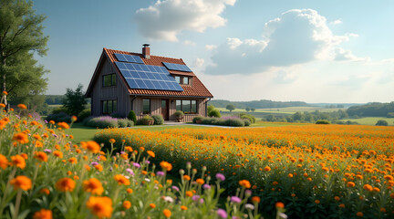 A charming wooden house with solar panels stands amidst a vibrant flower field under a bright sky, showcasing a sustainable lifestyle in a serene rural setting