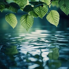 Serene green leaves overhanging calm water.