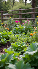 Lush garden bed featuring vibrant flowers and healthy greenery, showcasing a variety of colorful blossoms and leafy plants in a beautiful natural setting