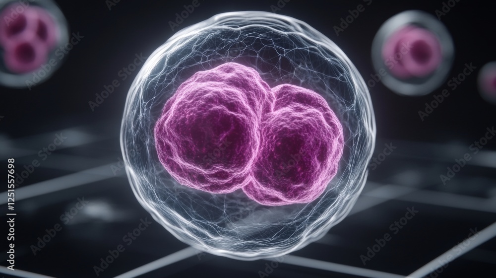 Poster cellular division showing two daughter cells in a membrane with additional cells around.