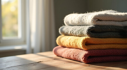 Cozy stacked blankets in warm colors resting on a wooden table with a sunlit window illuminating the scene