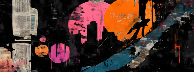 Obraz premium Dynamic Graffiti-Style Collage on Weathered Surface