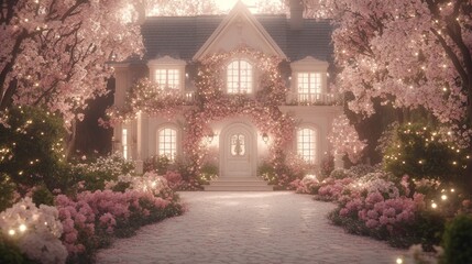 Fototapeta premium Charming House Covered in Flowers Illuminated at Twilight with a Stone Path in the Garden.