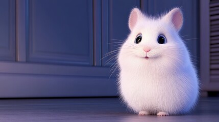 Obraz premium Charming White Hamster Smiling Positively Against a Soft Blue Background Doorway on Wooden Floor.