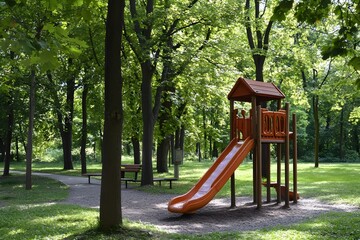 Playground with a Slide in a Green Park