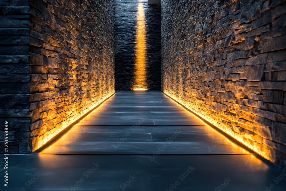 Poster elegant stone corridor with warm lighting creating a modern and inviting architectural space