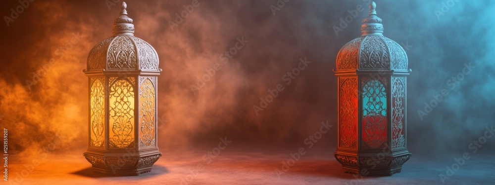 Poster Ornate Ramadan Lanterns Illuminated in Mystical Smoke Setting Festive Celebration of Islamic Holy Month