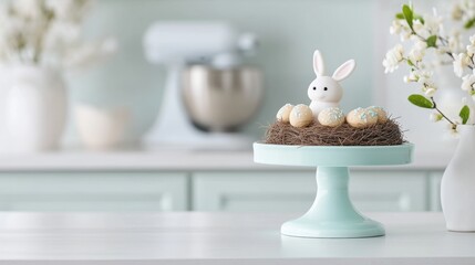 easter dessert display, a modern kitchen displays an easter dessert spread with chocolate nests, cookies, and a lively bunny centerpiece