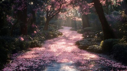 Fototapeta premium Cherry Blossom Petals Path in Forest Sunlight Casting Soft Light on a Narrow Winding Walkway.