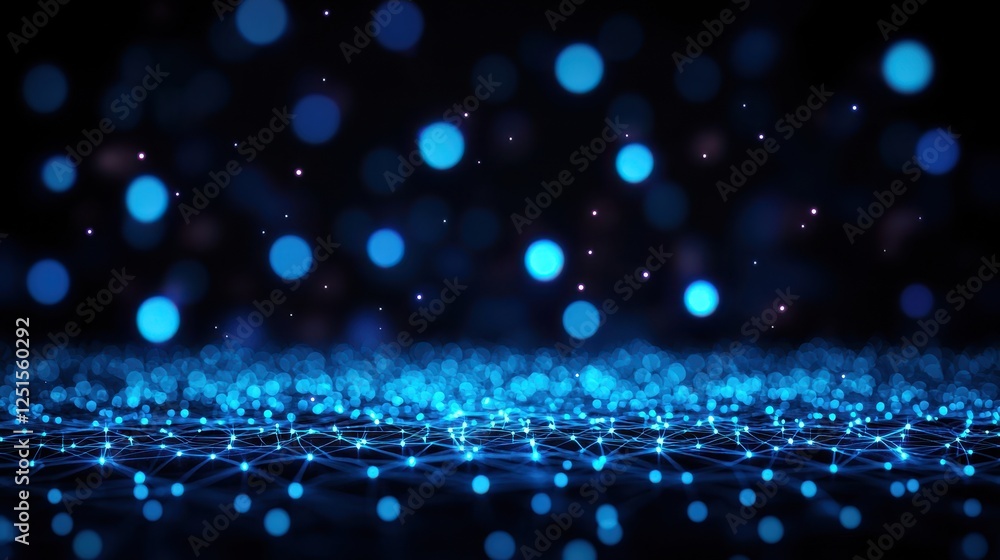 Poster blue bokeh lights on dark background with network lines