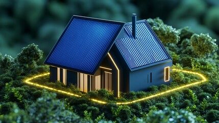Obraz premium Modern Solar House at Night, Surrounded by Greenery