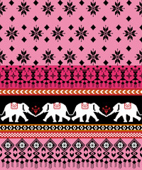Pixelated fabric pattern, elephant, pink, vector, textile, illustration