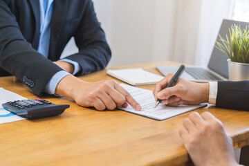 Business finance concept, teamwork and partnership asian businessman customer and salesman...
