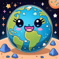 このデジタルグラフィックリソースは、かわいい遊び心のあるスタイルで描かれた地球を特徴としています。明るい表情とパステルカラーが魅力的で、星や惑星、銀河などの宇宙要素が楽しく幻想的な雰囲気を演出します。教育、持続可能性、子供向けコンテンツ、クリエイティブデザインのプロジェクトに最適です。

