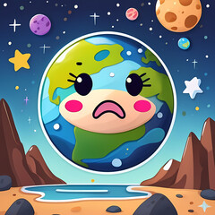 Naklejka premium このデジタルグラフィックリソースは、かわいい遊び心のあるスタイルで描かれた地球を特徴としています。明るい表情とパステルカラーが魅力的で、星や惑星、銀河などの宇宙要素が楽しく幻想的な雰囲気を演出します。教育、持続可能性、子供向けコンテンツ、クリエイティブデザインのプロジェクトに最適です。