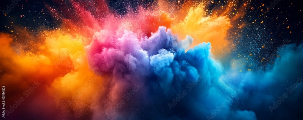 Poster multicolored powder paint exploding, creating a vibrant cloud of smoke on a black background