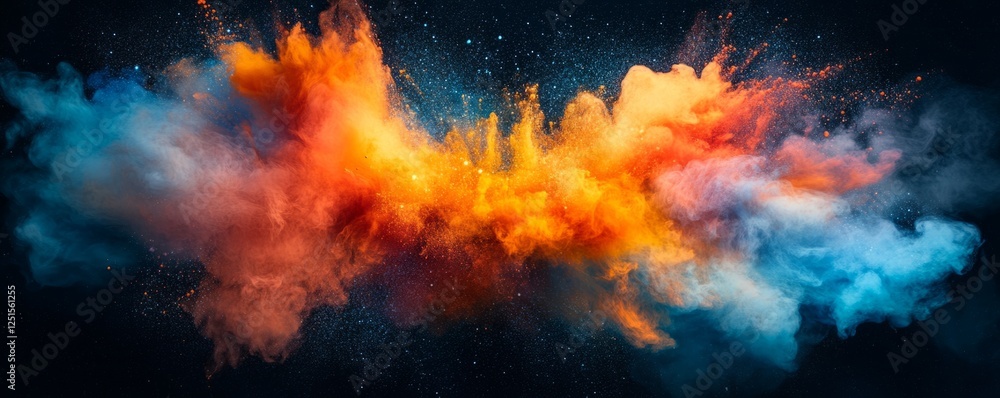 Poster colorful powder particles exploding creating a vibrant cloud of colors on black background