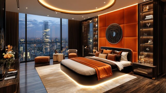 Luxury penthouse bedroom, city view, night, interior design, real estate - Powered by Adobe