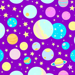 このシームレスなデジタルパターンコレクションは、カラフルな惑星、輝く星、銀河の背景を特徴とした鮮やかな宇宙テーマのデザインです。パステルトーンとスタイリッシュなディテールが遊び心とモダンな雰囲気を演出し、デザインプロジェクト、生地、パッケージング、壁紙、子供向けのグラフィックに最適です。

