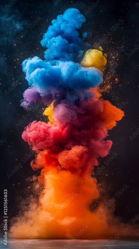 Poster multicolored smoke explosion creating an abstract and vibrant design, perfect for backgrounds and cr