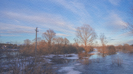Painting of a snowy field with a few trees and a power line
