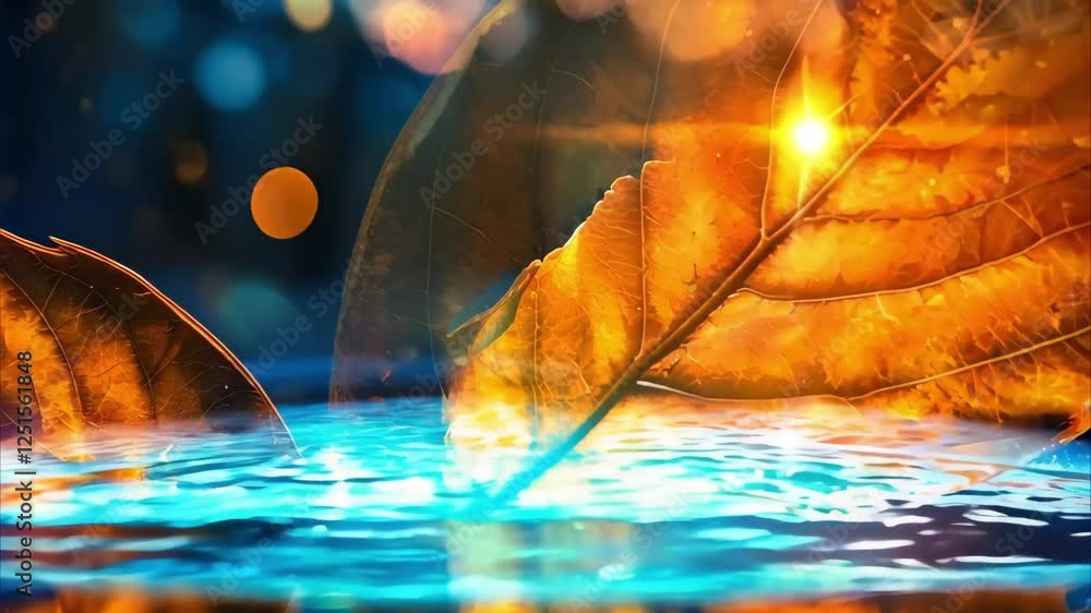 Poster two golden autumn leaves resting on the surface of shimmering water, creating ripples and reflecting