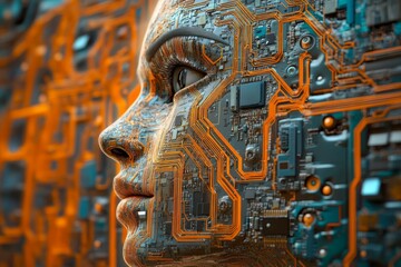 Artificial intelligence face emerging from an electronic circuit board, symbolizing the fusion of technology and humanity