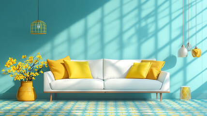 modern living room with white sofa and yellow accents
