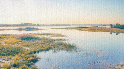 Painting of a lake with a lot of grass and water