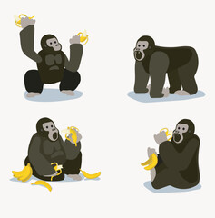 set gorilla ape  with bananas expression monkey animal cartoon flat cute africa jungle vector character isolated on white background