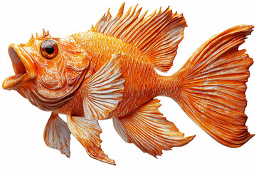 Fototapeta premium A vibrant orange fish with ornate fins and detailed scales, mouth agape in an animated pose.