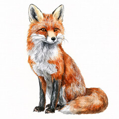 Obraz premium Watercolor painting of a red fox sitting elegantly, showcasing its vibrant fur and alert expression against a plain backdrop.