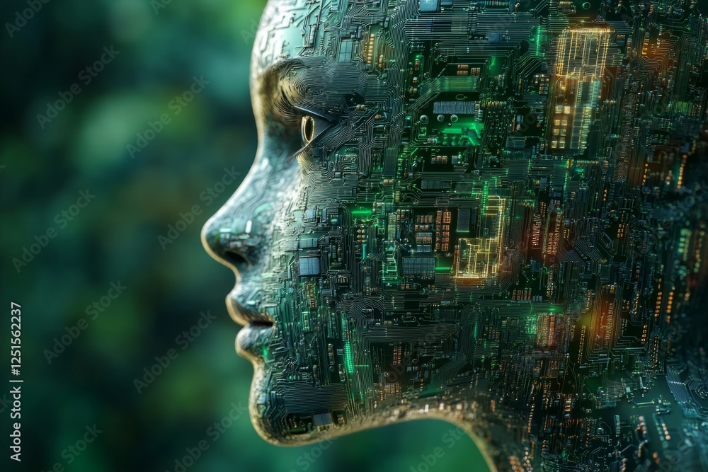 Poster humanoid robot showing its electronic circuit board face, representing artificial intelligence and f