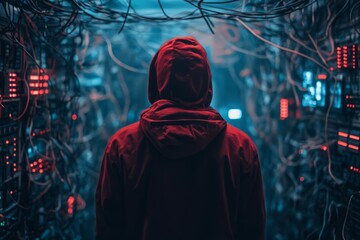 Hacker walking in a server room with many cables and flashing lights