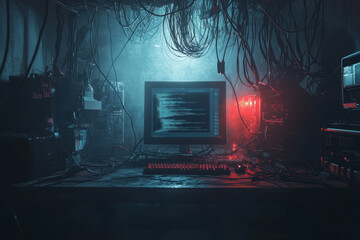Computer displaying source code on monitor in dark room full of tangled cables, suggesting hacking or cybercrime activity