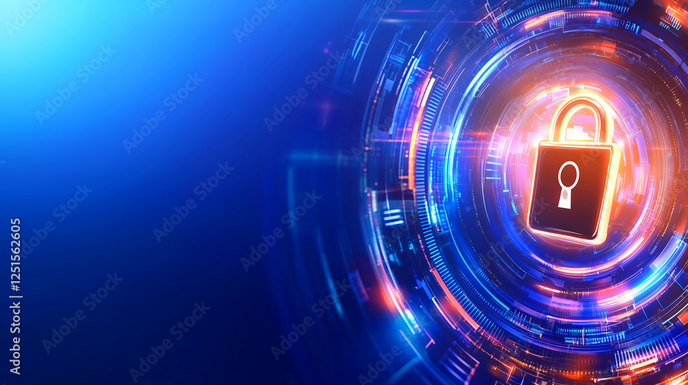 Poster a digital lock symbol is displayed prominently at the center of a vibrant, high-tech background fill
