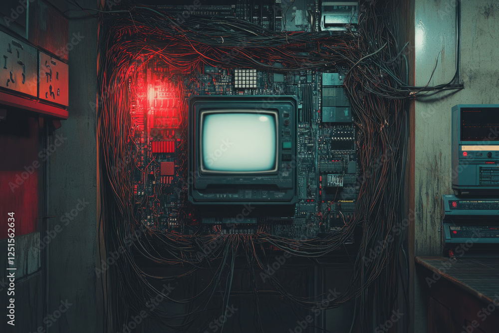Poster retro computer interface with glowing red lights and messy wires evokes a cyberpunk aesthetic