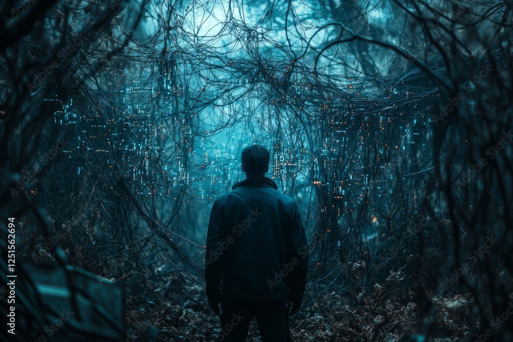 Poster man exploring dark forest at night discovering futuristic glowing digital data visualization