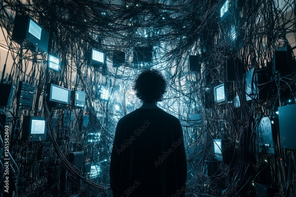 Poster technician analyzing a network of cables and monitors, highlighting the complexity of modern technol