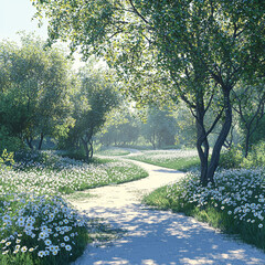 Obraz premium Sun-dappled path curves through a field of white wildflowers beneath a canopy of green trees.