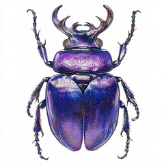A detailed illustration of a stag beetle, rendered in shades of purple and blue, against a white background.