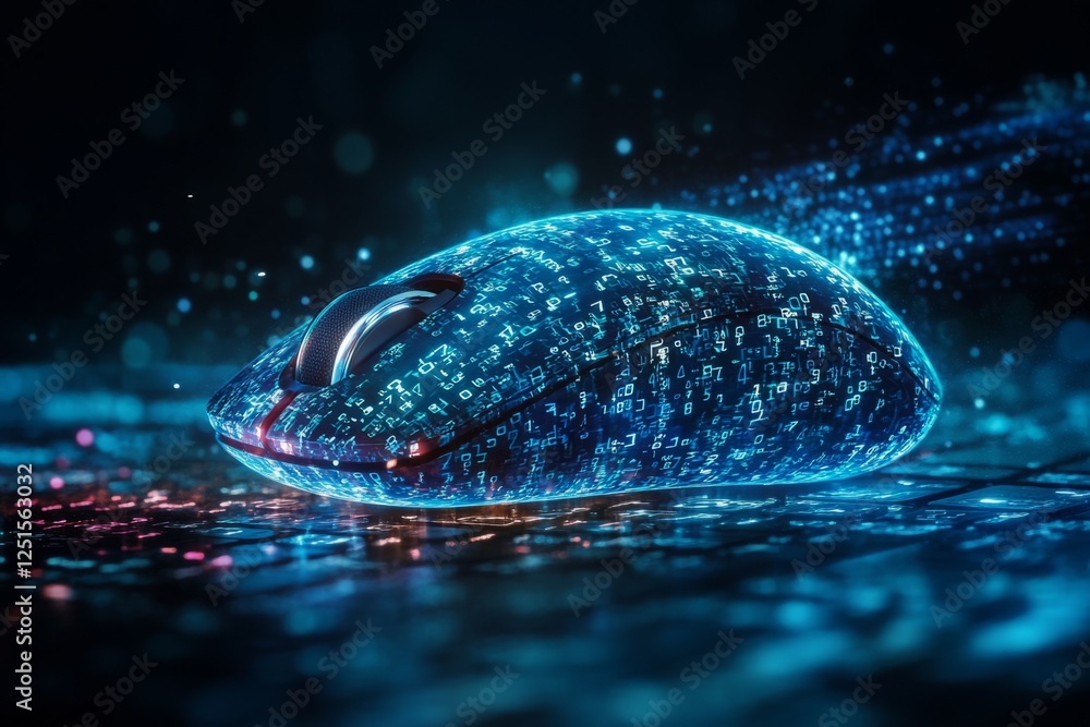 Aufkleber wireless computer mouse emitting glowing data stream, forming a vibrant and dynamic digital landscap