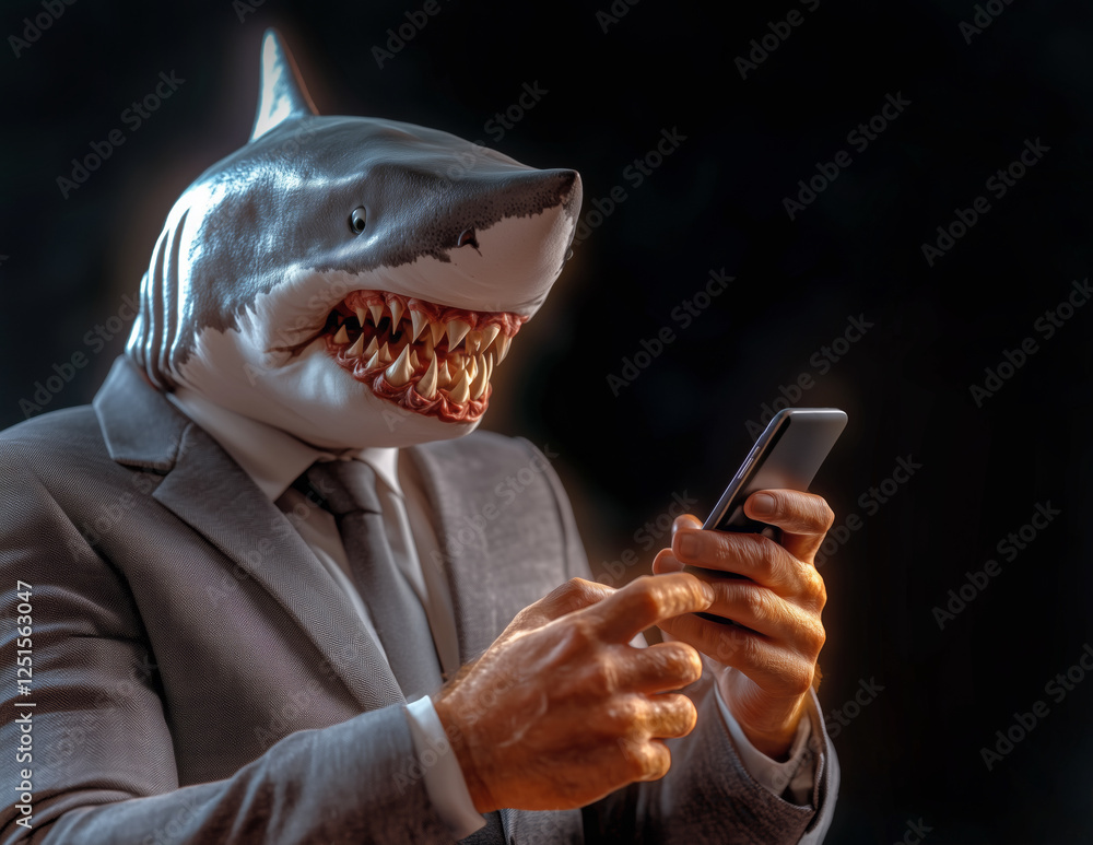 Poster a person dons a detailed shark mask while using a smartphone, dressed in a formal suit, creating a s