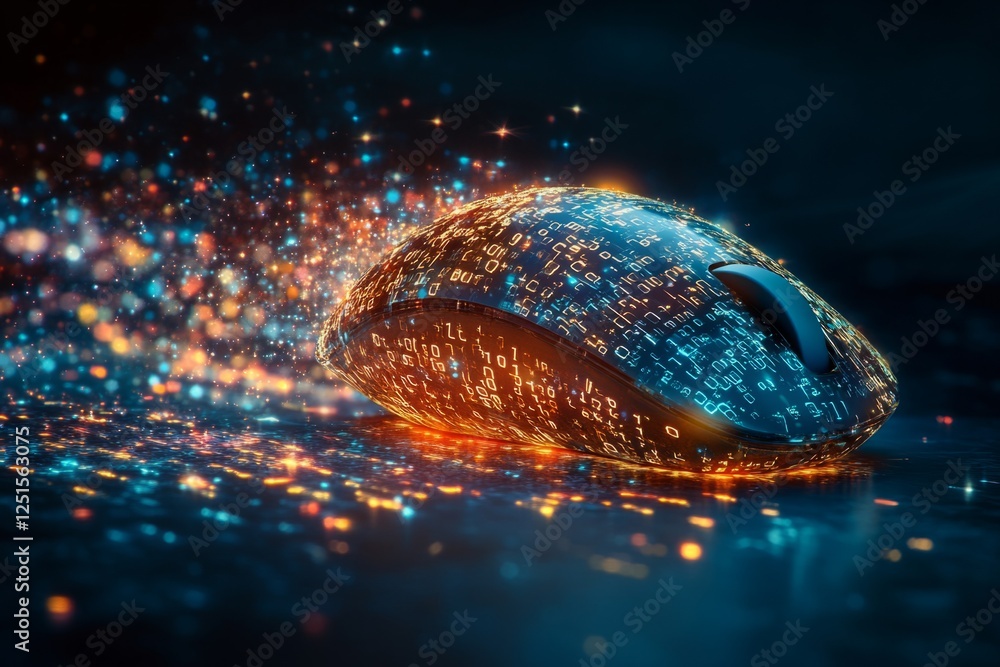 Aufkleber wireless computer mouse emitting glowing data stream, forming a vibrant and dynamic digital landscap