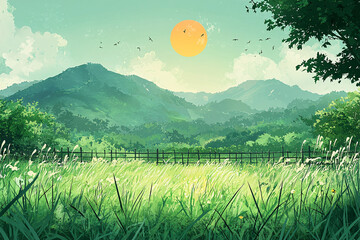 Green meadow and hills beneath the sun, framed by trees and a rustic wooden fence.