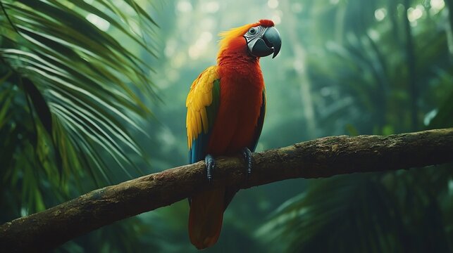Parrot perches in rainforest foliage, creating a vibrant scene for nature themed content