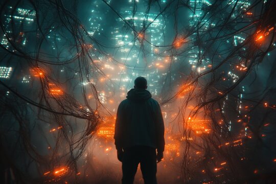 Man observing futuristic alien city with glowing cables, wires and fog, exploring new world in cyberpunk digital art